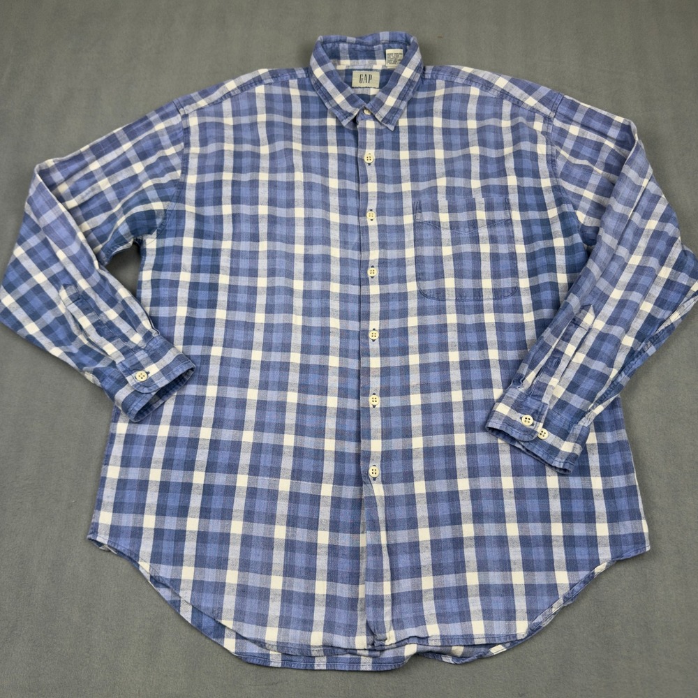 Gap Mens Blue White Plaid Cotton Linen Button‎ Down Shirt Large 114701-01-1